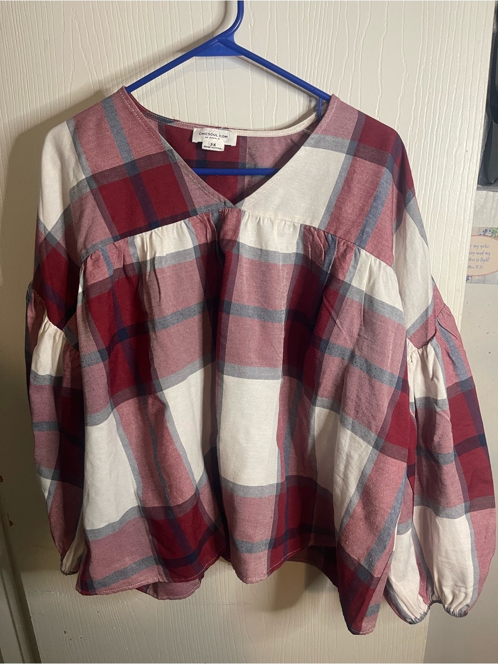 Chic Soul Plaid V-Neck Tunic Top - Maroon, Pink & White
